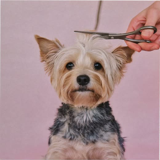A terrier's face being trimmed with grooming scissors